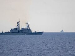 Taiwan guided missile destroyer Ma Kong DDG1805, left, monitors Chinese guided missile destroyer Xi’an DDG15, right, near Taiwan (Taiwan Ministry of National Defence via AP)