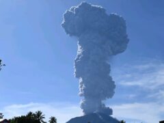 Mount Ibu spews volcanic materials into the air during an eruption in West Halmahera, Indonesia (PVMBG-ESDM via AP)