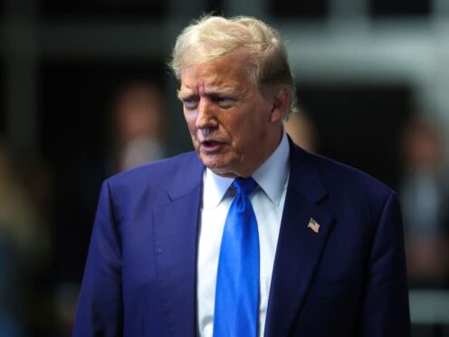 Former President Donald Trump speaks to media as he returns to his trial at the Manhattan Criminal Court, Friday, May 3, 2024, in New York. (Charly Triballeau/Pool Photo via AP)