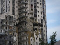 A building damaged in the Russian missile attack in Kharkiv (AP Photo/Andrii Marienko)