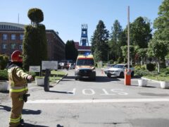 An ambulance leaving the Myslowice-Wesola coal mine in Myslowice, southern Poland (Kasia Zaremba-Majcher/AP)