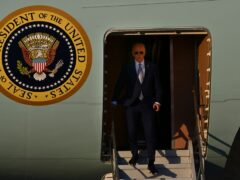 US President Joe Biden arrives on Air Force One at Moffett Airfield in Mountain View, California (Jose Carlos Fajardo/Pool Photo via AP)
