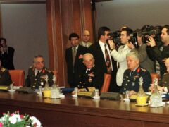 Ismail Hakki Karadayi and other top commanders, from left, Hikmet Koksal, Guven Erkaya, Ahmet Corekci and Teoman Koman, who formed the military wing of the National Security Council, during a meeting on February 28 1997 (Burhan Ozbilici/AP)