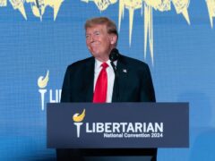 Republican presidential candidate, former president Donald Trump speaks at the Libertarian National Convention in Washington (Jose Luis Magana/AP)