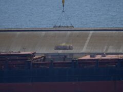 A crane loads food aid for Gaza onto a container ship docked in Cyprus (Petros Karadjias/AP)