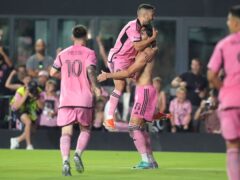 Inter Miami forward Leonardo Campana lifts defender Jordi Alba into the air after scoring a goal during the second half against DC United (Lynne Sladky/AP)