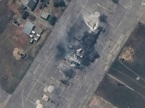 A destroyed MiG 31 fighter aircraft at Belbek air base, near Sevastopol, in Crimea (Satellite image ©2024 Maxar Technologies via AP)