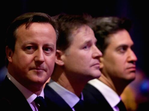 The 2015 election was fought between Conservative David Cameron, Liberal Democrat Nick Clegg and Labour’s Ed Miliband (Chris Jackson/PA)