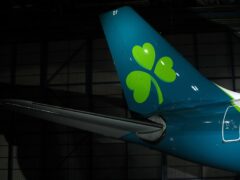 A view of an Aer Lingus A330 displaying the new branding during the official unveiling at Dublin Airport.