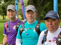 The three dads – (left to right) Tim Owen, Mike Palmer and Andy Airey – who walked 500 miles from Stirling to Norwich to raise awareness about suicide after losing their own daughters (Papyrus/PA)
