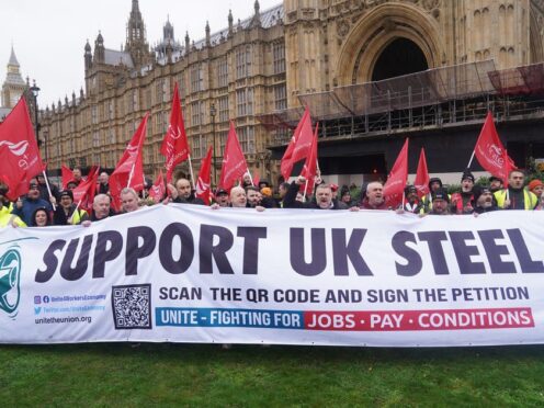 Workers from Tata’s Port Talbot steelworks gather at Westminster (Lucy North/PA)