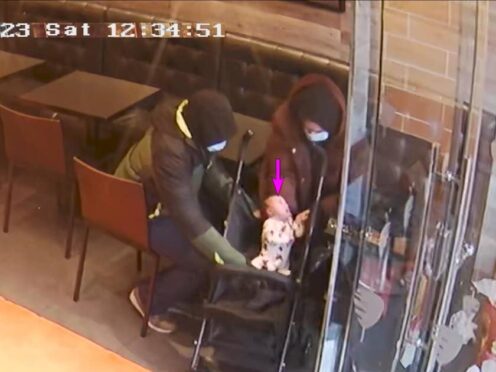 CCTV footage of Constance Marten, Mark Gordon and baby Victoria in a German doner kebab shop in East Ham, London (Metropolitan Police/PA)