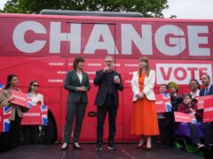Shadow chancellor Rachel Reeves, Labour Party leader Sir Keir Starmer and deputy Labour leader Angela Rayner, at the launch event for Labour’s campaign bus in Uxbridge (Lucy North/PA)