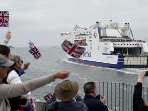 Crowds cheered a ferry carrying D-Day veterans to France for the 80th anniversary commemorations as it set sail from Portsmouth (Andrew Matthews/PA)
