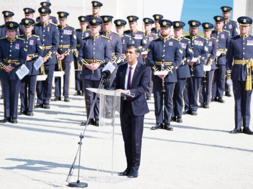 Prime Minister Rishi Sunak speaking during the UK national commemorative event for the 80th anniversary of D-Day, held at the British Normandy Memorial in Ver-sur-Mer, Normandy, France (Jane Barlow/PA)