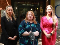Alliance Party leader Naomi Long (centre) with candidates Sorcha Eastwood (right) standing in Lagan Valley and Kate Nicholl standing in South Belfast (Liam McBurney/PA)