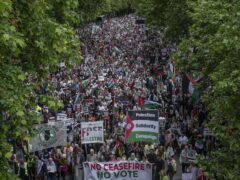 People take part in a demonstration for Gaza from Russell Square to Parliament (Jeff Moore/PA)
