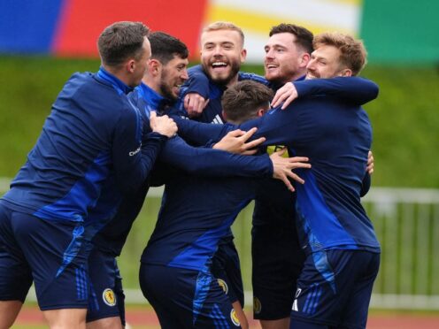 Left to right, Scotland’s Lawrence Shankland, Scott McKenna, Ryan Porteous, Billy Gilmour, Andrew Robertson and Stuart Armstrong during a training session at Stadion am Groben (Andrew Milligan/PA)