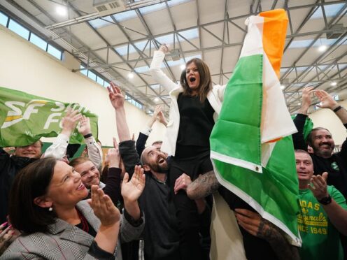 Sinn Fein Leader Mary Lou McDonald (left) celebrates with Sinn Fein candidate Kathleen Funchion (Brian Lawless/PA)