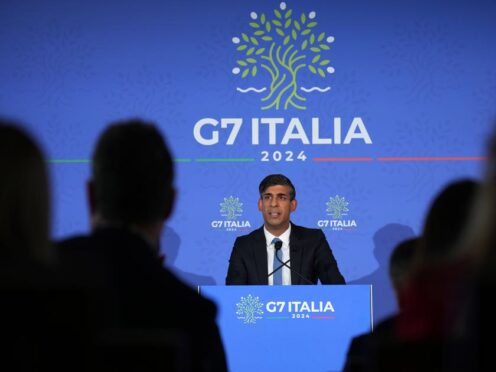 Prime Minister Rishi Sunak speaking during a press conference at the G7 leaders’ summit at the Borgo Egnazia resort, in Puglia, Apulia, Italy (Christopher Furlong/PA)