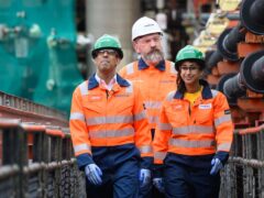 Prime Minister Rishi Sunak (left) and Energy Security and Net Zero Secretary Claire Coutinho are given a tour of the Rough 47/3B Bravo gas platform by the chief executive of Centrica Chris O’Shea (Leon Neal/PA)