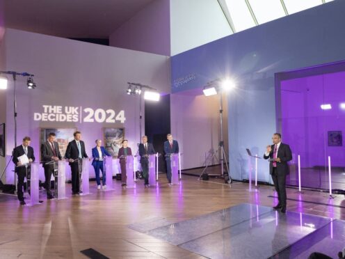 Left to right, Chris Philp, Home Office minister, Conservative Party, Rhun ap Iorwerth, party leader, Plaid Cymru, Richard Tice, chairman, Reform UK, Daisy Cooper, deputy party leader, Liberal Democrats, Channel 4 News presenter Krishnan Guru-Murthy, Carla Denyer, co-party leader, Green Party, Keith Brown, deputy party leader, Scottish National Party, and Nick Thomas-Symonds, shadow Cabinet minister, Labour Party, during Channel 4 News’ General Election debate in Colchester (Matt Alexander Media Assignments/PA)