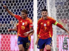 Spain’s Alvaro Morata and Lamine Yamal (left) celebrate after Italy’s Riccardo Calafiori’s own goal (Nick Potts/PA)