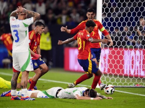 Italy’s Riccardo Calafiori turned into his own net as Spain beat Italy (Nick Potts/PA)