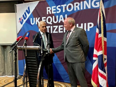 Reform UK deputy leader Ben Habib (left) and TUV leader Jim Allister during the TUV manifesto launch at Dunsilly Hotel in Co Antrim (David Young/PA)