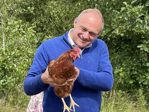 Liberal Democrats’ leader Sir Ed Davey holding a chicken (Anahita Hossein-Pour/PA)