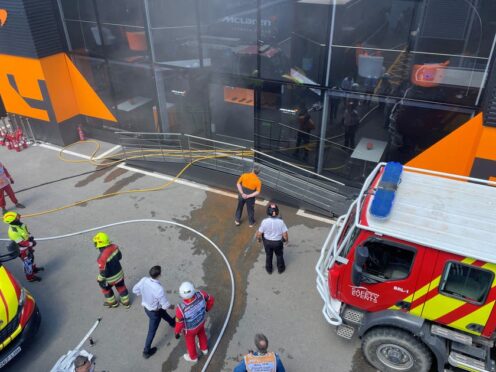 McLaren CEO Zak Brown outside McLaren’s hospitality suite at the Spanish Grand Prix during the fire (Philip Duncan/PA)