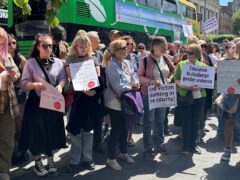 Protesters gather in Dublin in solidarity with Natasha O’Brien who was attacked by Cathal Crotty, a serving member of the Defence Forces, who walked free from court after he was given a three-year suspended sentence for attacking Ms O’Brien (Cate McCurry/PA)