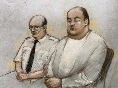 Court artist drawing by Elizabeth Cook of Gavin Plumb (right) who plotted to kidnap and murder Holly Willoughby, appearing at Chelmsford Crown Court (Elizabeth Cook/PA)
