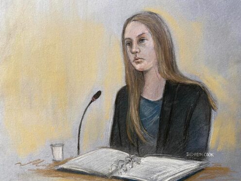 Court artist drawing of Lucy Letby giving evidence during her trial at Manchester Crown Court, where she is accused of attempting to murder a baby girl in February 2016 (Elizabeth Cook/PA)