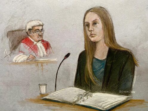 Court artist drawing of Lucy Letby giving evidence during her trial (Elizabeth Cook/PA)