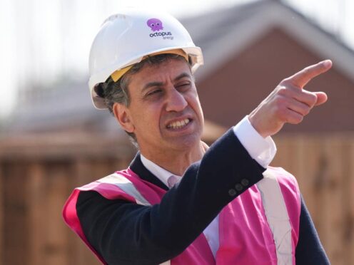 Shadow secretary of state for energy security and net zero Ed Miliband, during a visit to a housing development in Stafford (Jacob King/PA)