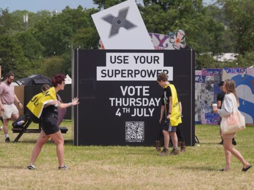 An art installation from the Just Vote campaign featuring a giant ballot box at Glastonbury (Yui Mok/PA)