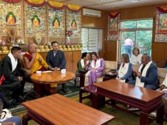 The US team spoke to the exiled Tibetan spiritual leader (Leslie Shedd via AP)