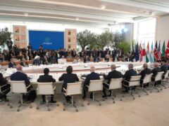G7 world leaders and other leaders from guest nations attend a working session on artificial intelligence, on day two of the 50th G7 summit at Borgo Egnazia, southern Italy (Christopher Furlong/Pool Photo via AP)