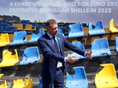 Andriy Shevchenko, Ukrainian football legend and Ukrainian Football Association president, presents an installation ahead of the Group E match between Romania and Ukraine at the Euro 2024 soccer tournament in Munich, Germany (Ariel Schalit/AP)