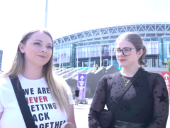 Taylor Swift fans Lauren Robinson, 20, and Grace Arnold, 24, are among those arriving early at Wembley (Saghar Kouhesatani/PA)