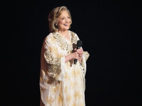 Hilary Clinton presents a musical number from Suffs during the 77th Tony Awards (Charles Sykes/Invision/AP)