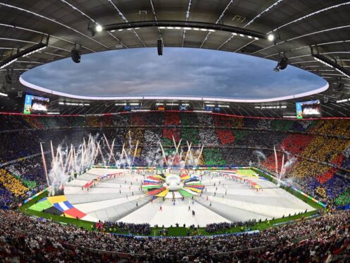 Dancers perform during the opening ceremony ahead of the Group A match between Germany and Scotland at the Euro 2024 soccer tournament in Munich (Peter Kneffel/dpa via AP)