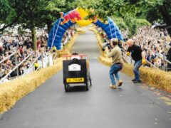 An action shot of the group’s A-Team Van at the Red Bull Soapbox Race at Roundhay Park, Leeds, in 2001 (Jonny Heath/PA)