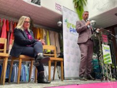 Green Party Northern Ireland leader Mal O’Hara (right) and deputy leader Lesley Veronica (seated left) at the launch of the party’s General Election manifesto at the Show Some Love Green House centre in Belfast on Friday (Rebecca Black/PA)