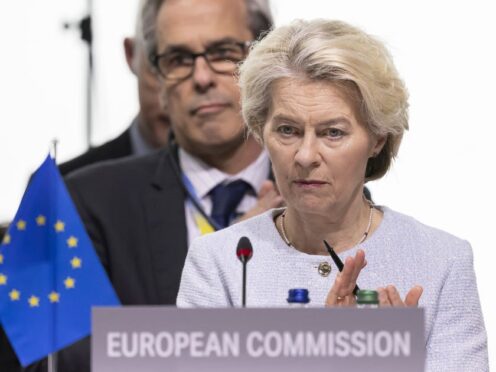 President of the European Commission Ursula von der Leyen attends the plenary session during the summit on peace in Ukraine, in Obburgen, Switzerland (Urs Flueeler/AP)