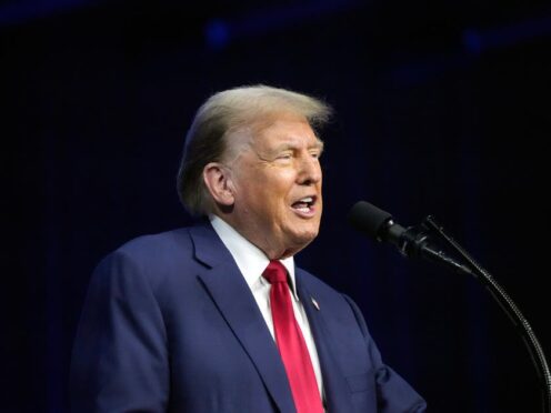 Republican presidential candidate former president Donald Trump speaks at the People’s Convention of Turning Point Action (Carlos Osorio/AP)