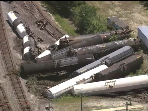 Train compartments piled up after a derailment in Chicago on Thursday (WLS via AP)