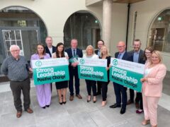 Sinn Fein General Election candidates and Stormont Economy Conor Murphy (fifth from left) at the launch of the party’s manifesto at the Eileen Howell Centre in west Belfast on Wednesday (Rebecca Black/PA)