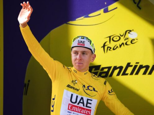 Slovenia’s Tadej Pogacar, wearing the overall leader’s yellow jersey (Daniel Cole/AP)
